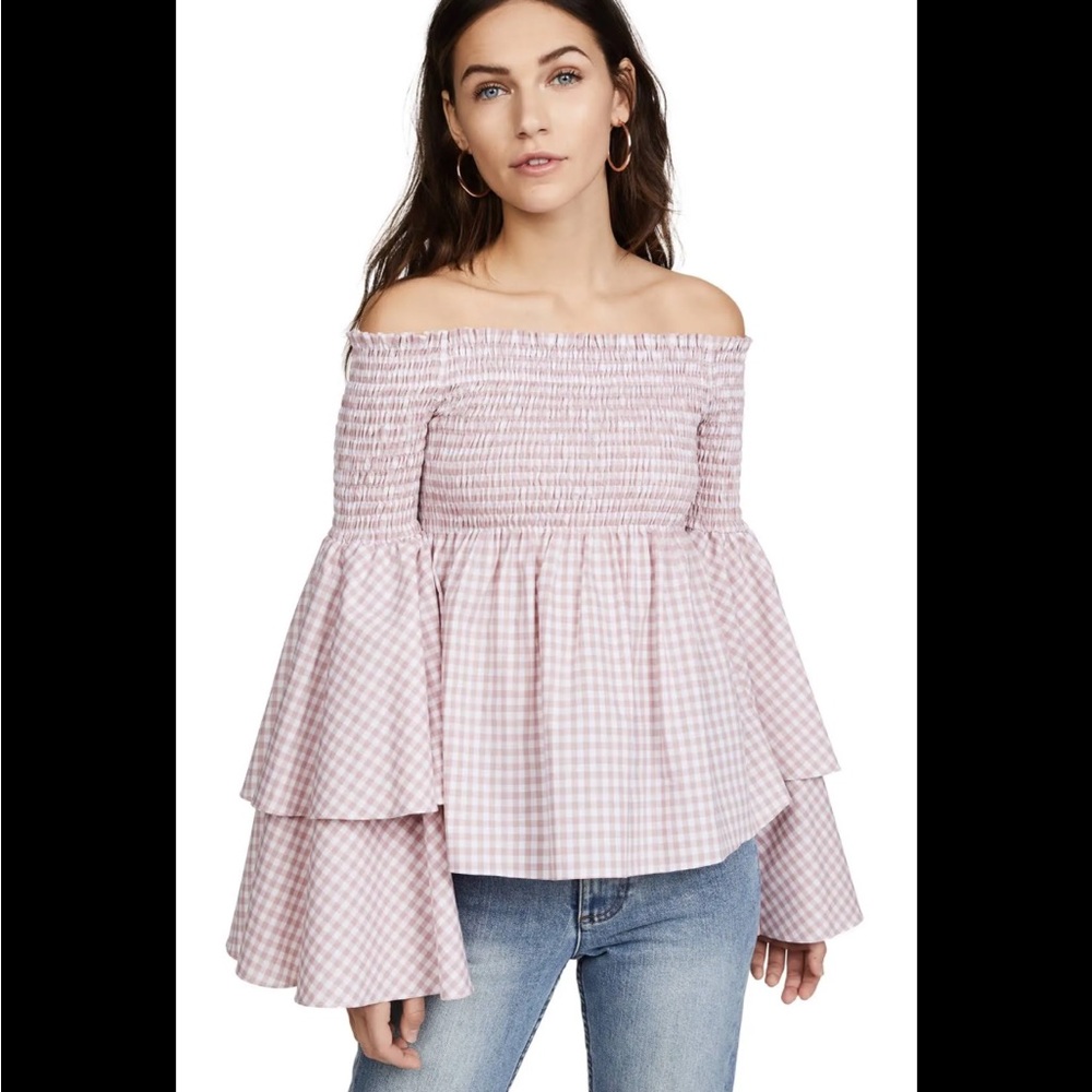 Caroline Constas Lavender Gingham Off-Shoulder Blouse